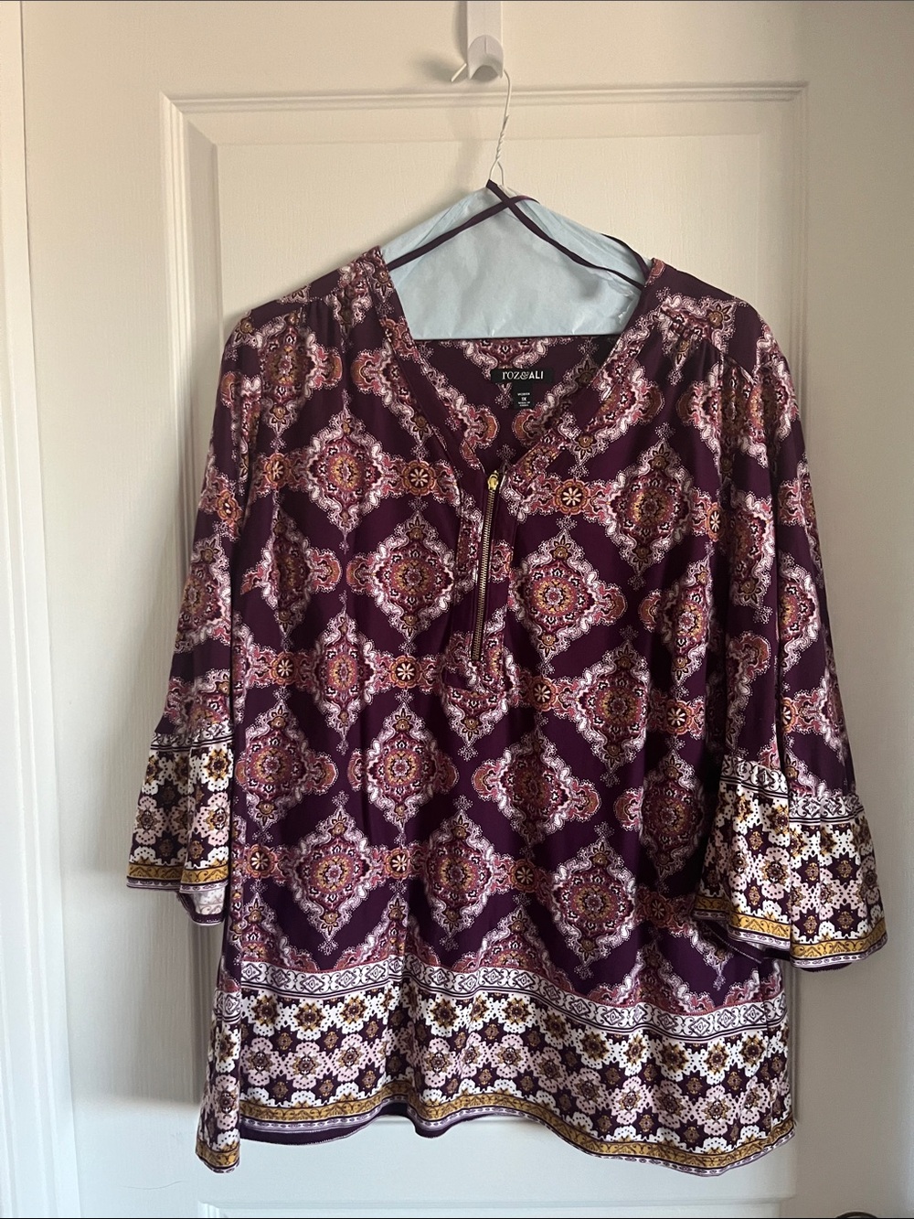 Roz & Ali Plum Printed V-Neck Tunic with Zip Accent